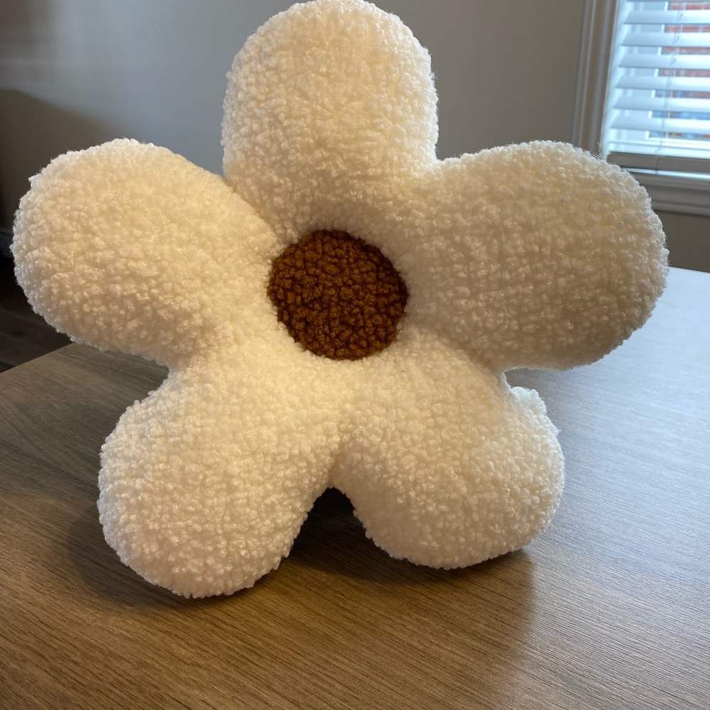 Cute Flower Shaped Sherpa Pillow, White/Brown. Hand Sewn, Soft and Cozy!